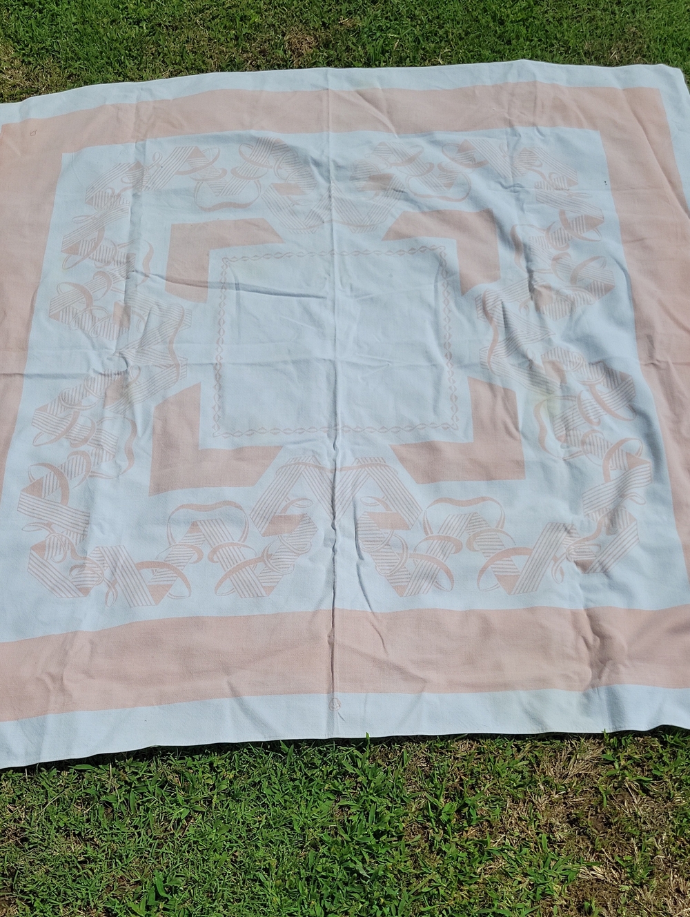Vintage Pastel Peach And White Tablecloth 50s Or 60s